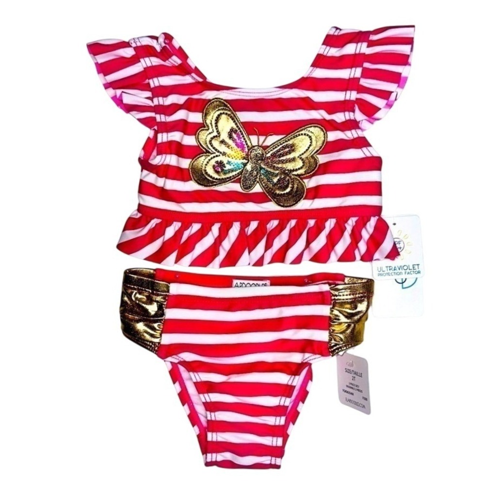 Flapdoodles 2T Girls 2 Piece Swimsuit Pink Gold Sequin Butterfly NWT
